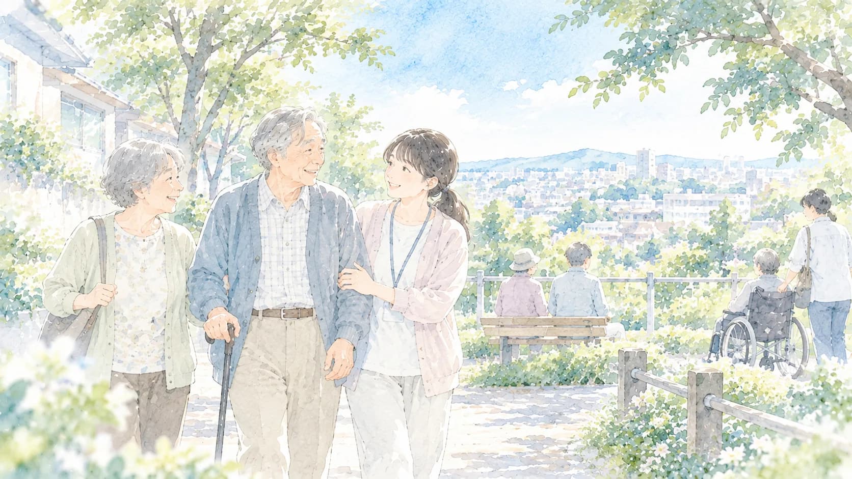 高齢者と支援者が地域を歩くイラスト