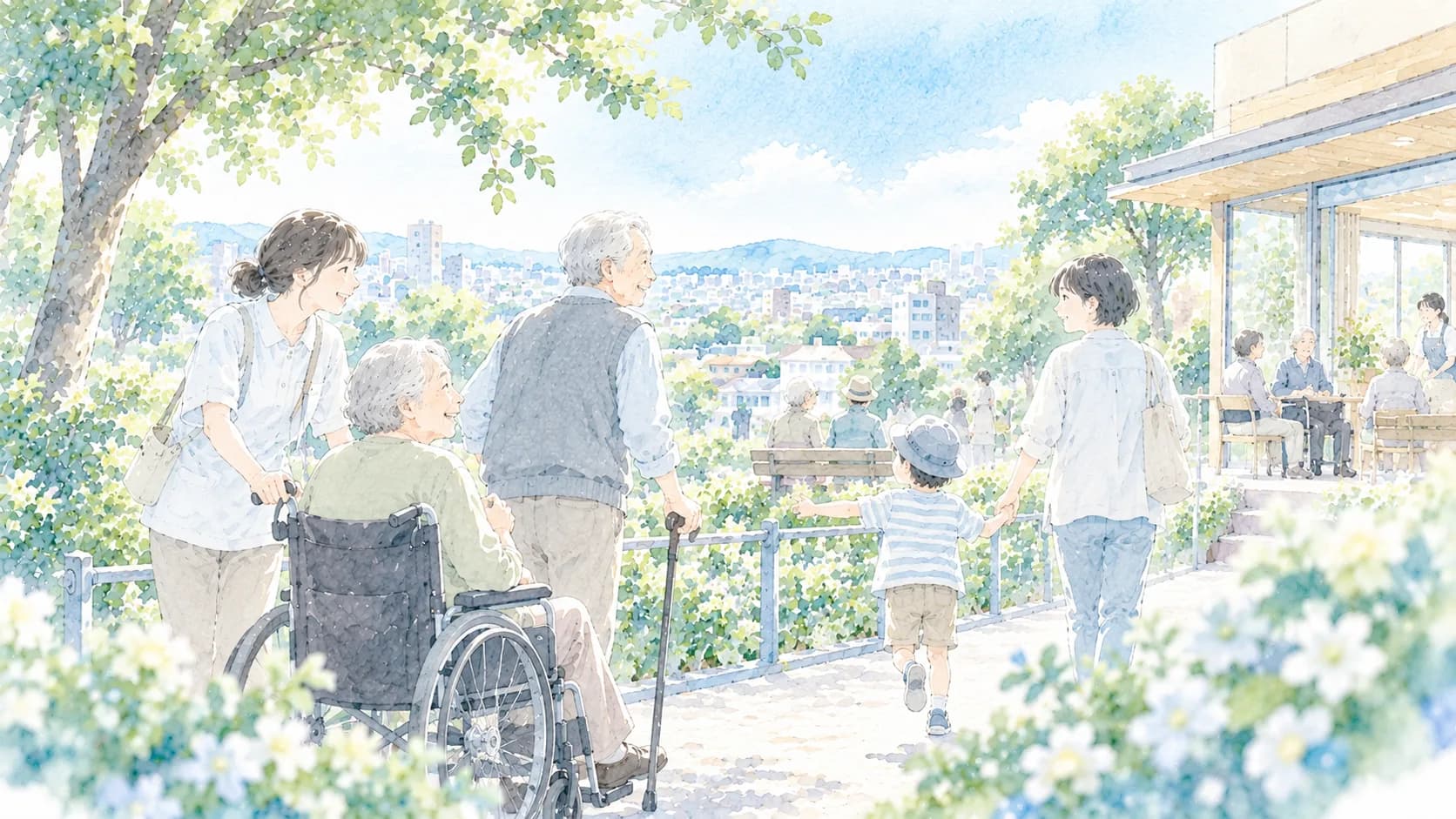 高齢者や家族、支援者が地域で過ごすイラスト