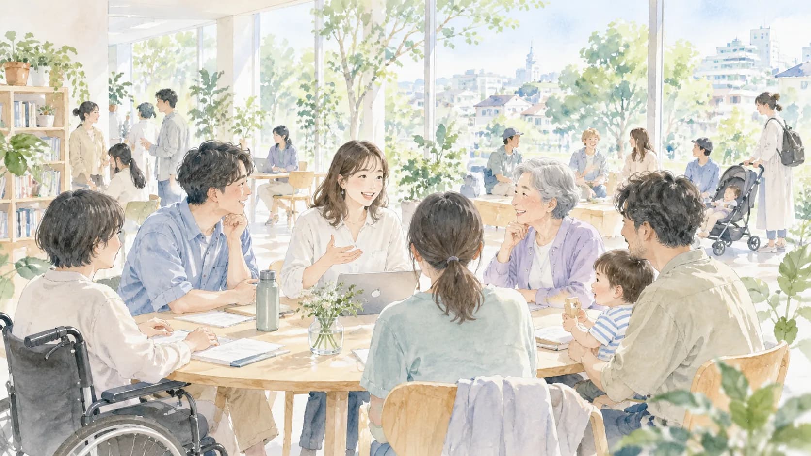 幅広い年代や立場の人が地域で交流するイラスト