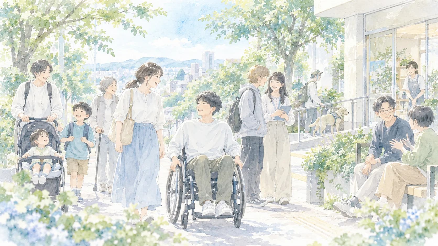 車いす利用者や補助犬を含む人々が地域で交流するイラスト