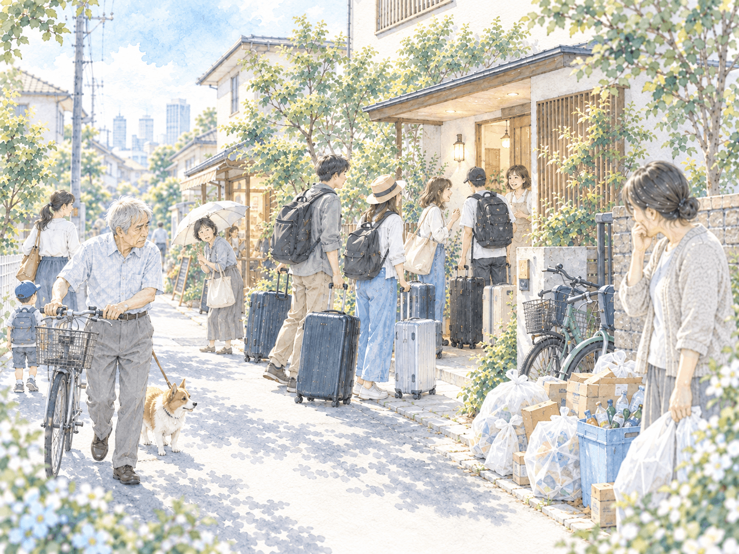 民泊と地域の暮らしを表すイラスト