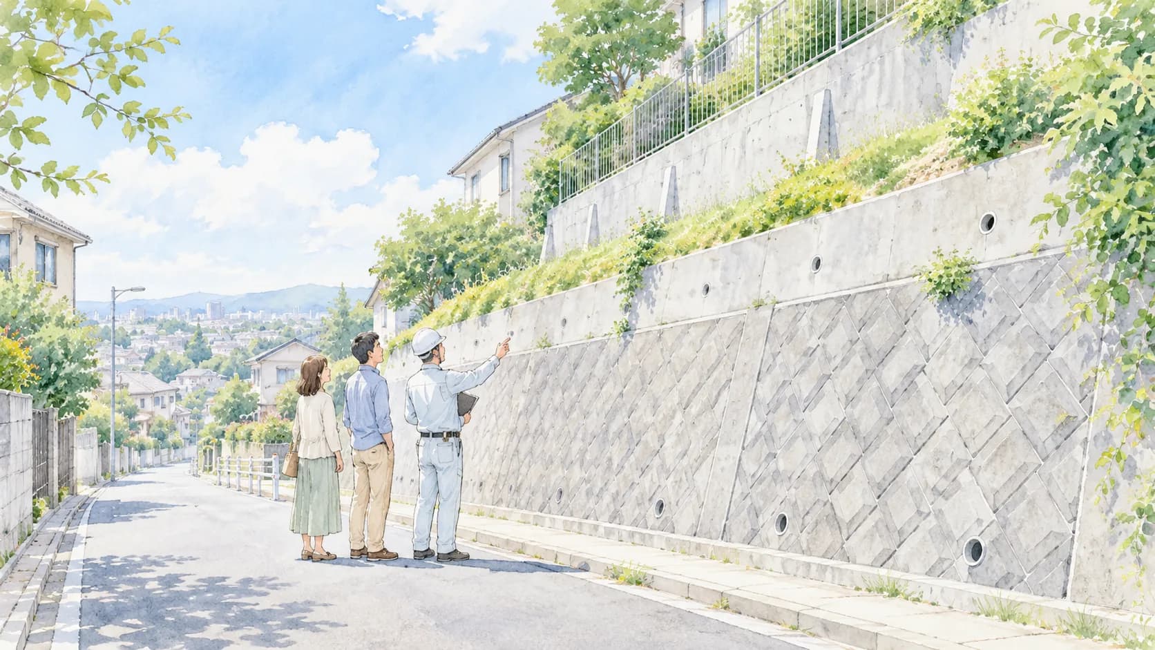 住宅地のがけ・擁壁を住民と専門家が確認するイラスト