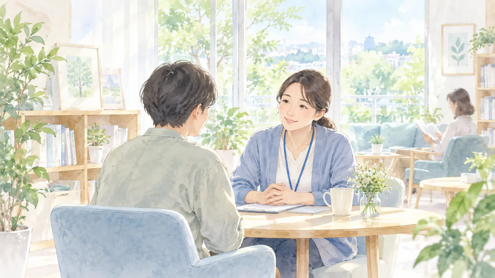 明るい相談室で相談員が話を聴くイラスト