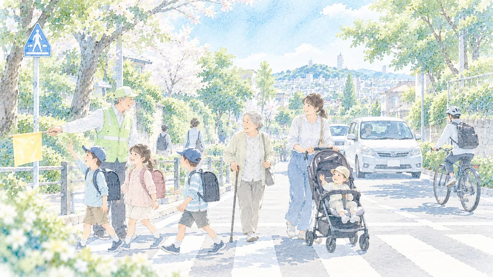 子どもや高齢者、自転車利用者が道路を安全に通行するイラスト
